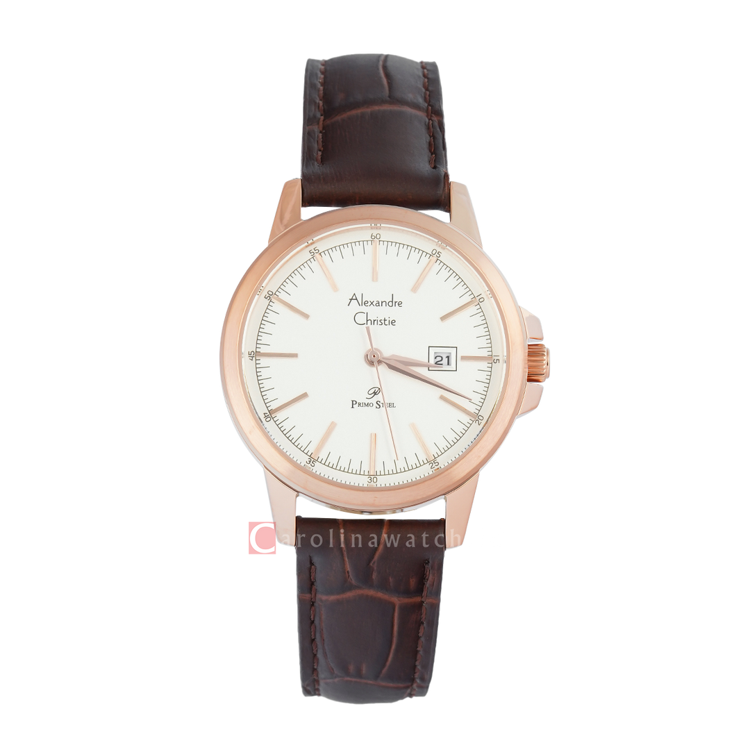 Jam Tangan Alexandre Christie Primo Steel AC 1008 LDLRGSLBO Women Rose Gold Dial Brown Leather Strap