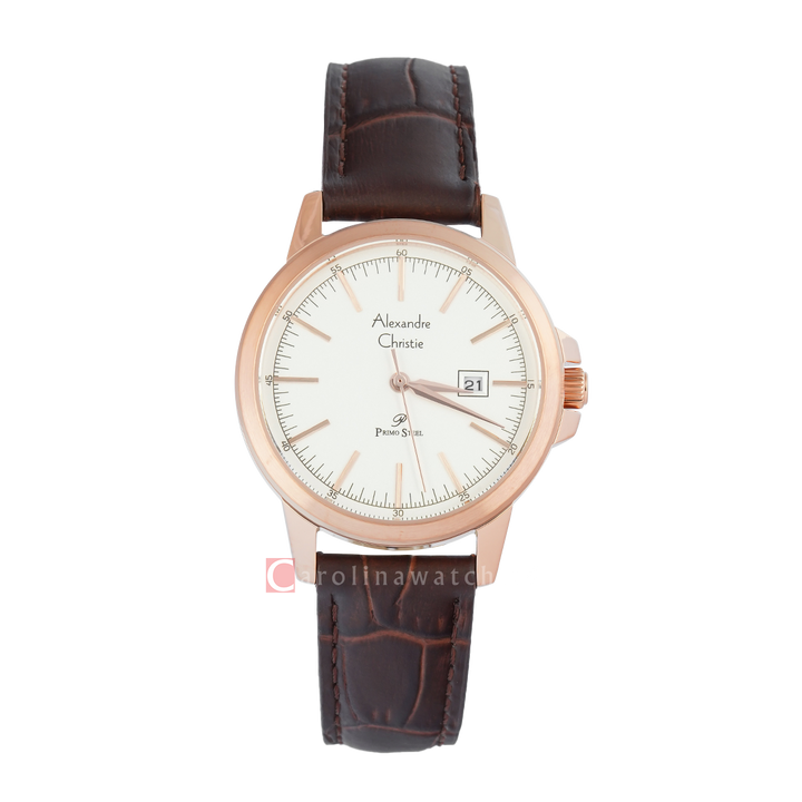 Jam Tangan Alexandre Christie Primo Steel AC 1008 LDLRGSLBO Women Rose Gold Dial Brown Leather Strap