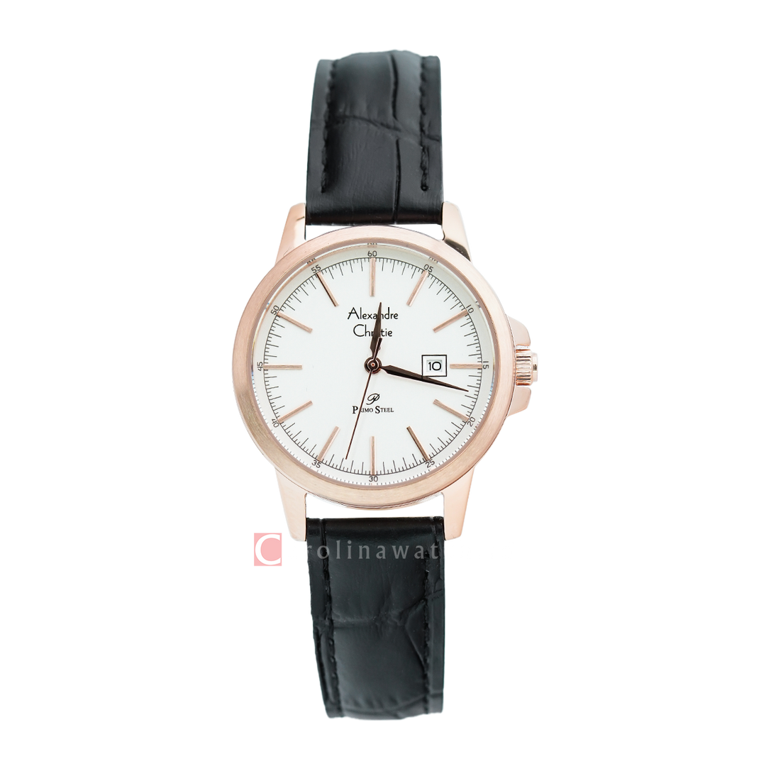 Jam Tangan Alexandre Christie Primo Steel AC 1008 LDLRGSL Women White Dial Black leather Strap