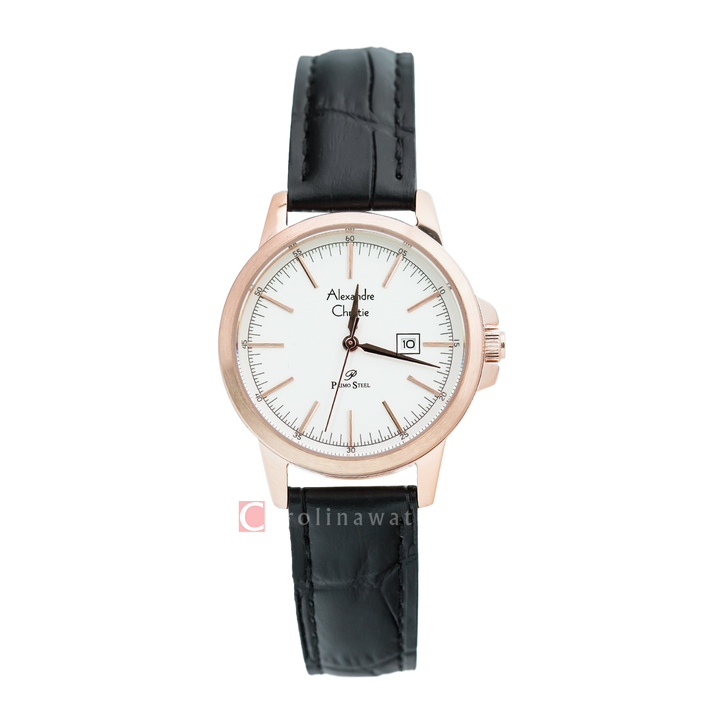 Jam Tangan Alexandre Christie Primo Steel AC 1008 LDLRGSL Women White Dial Black leather Strap