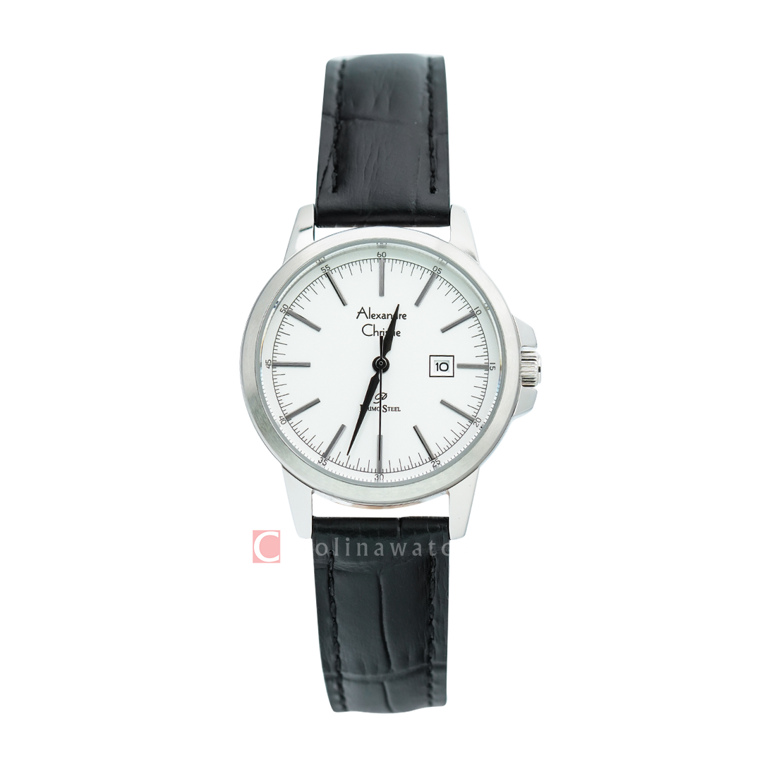 Jam Tangan Alexandre Christie Primo Steel AC 1008 LDLSSSL Women White Dial Black leather Strap