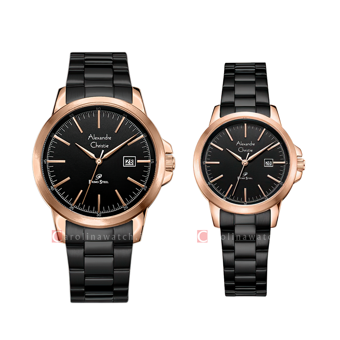 Jam Tangan Couple Alexandre Christie Primo Steel AC 1008 M/LDBBRBA Black Dial Black Stainless Steel Strap