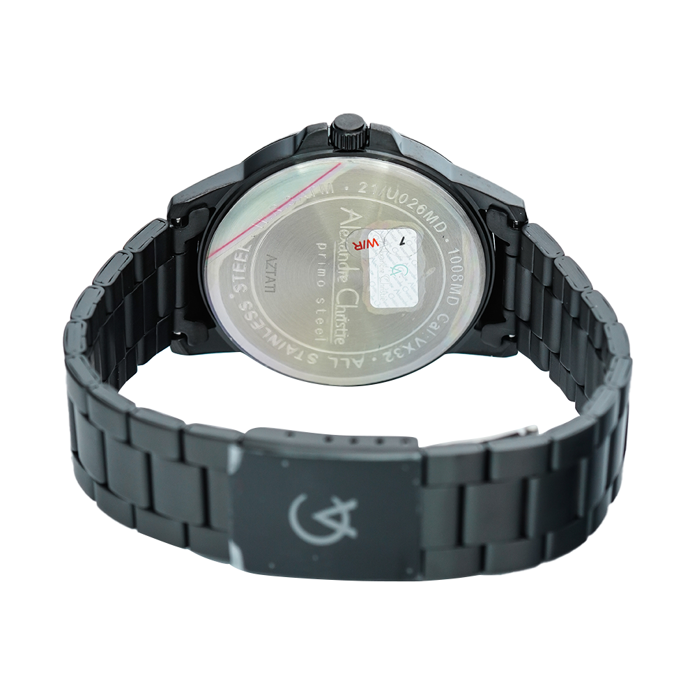 Jam Tangan Alexandre Christie Primo Steel AC 1008 MDBIPBARG Men Black Dial Black Stainless Steel Strap