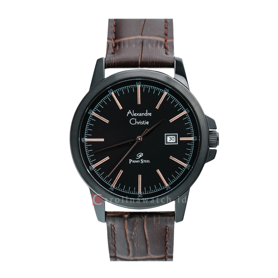 Jam Tangan Alexandre Christie Primo Steel AC 1008 MDLIPBARG Men Black Dial Brown Leather Strap