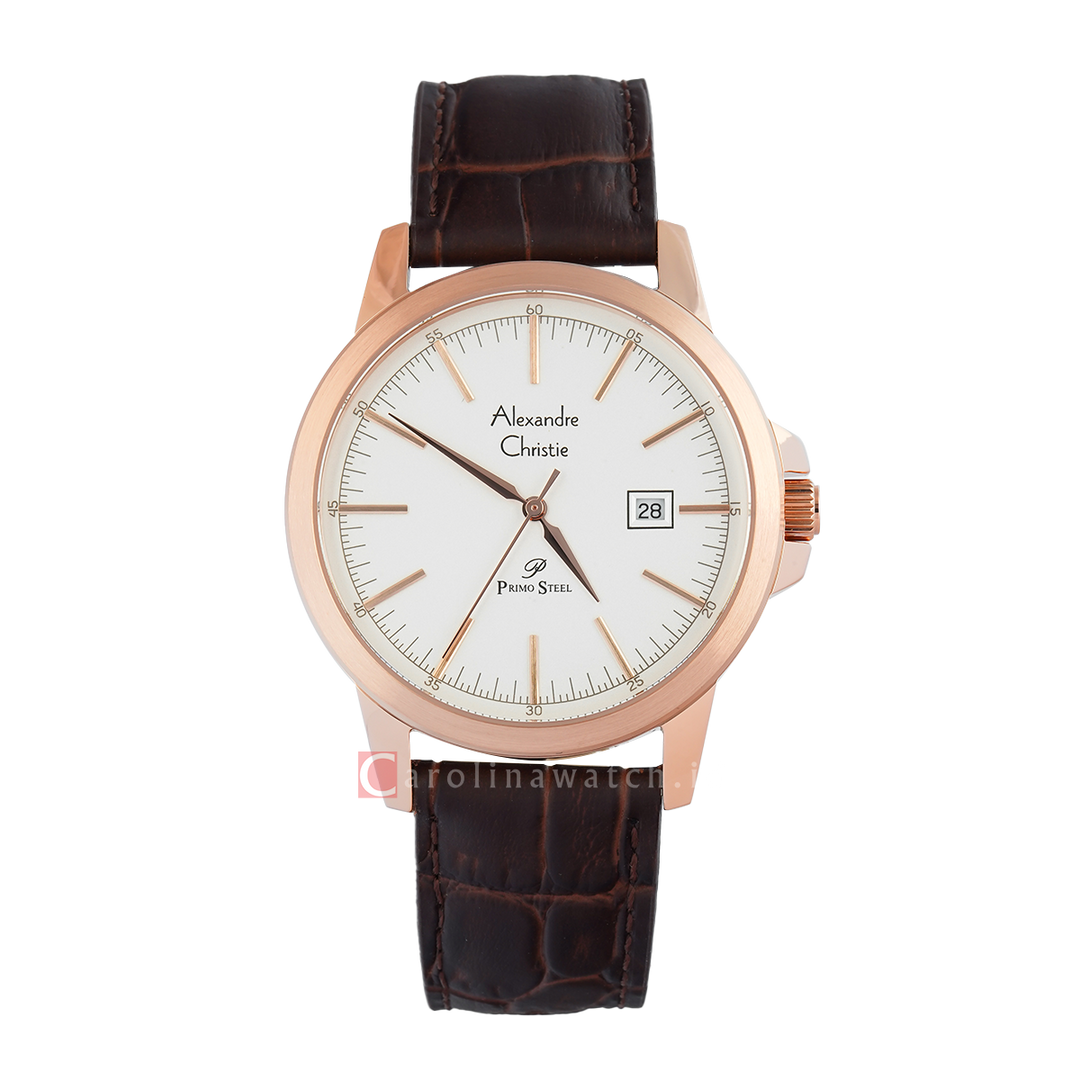 Jam Tangan Alexandre Christie Primo Steel AC 1008 MDLRGSL Men White Dial Brown Leather Strap