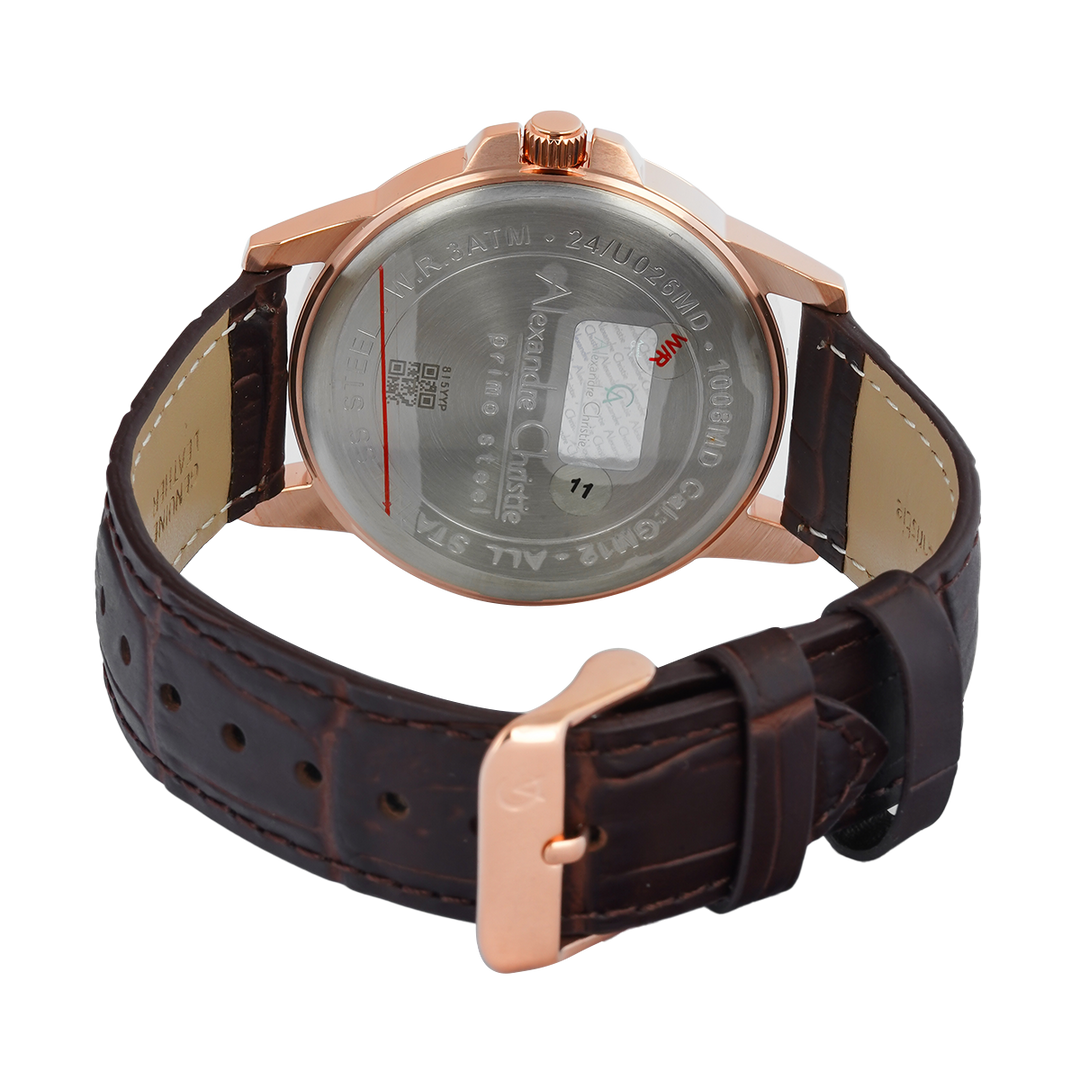 Jam Tangan Alexandre Christie Primo Steel AC 1008 MDLRGSL Men White Dial Brown Leather Strap