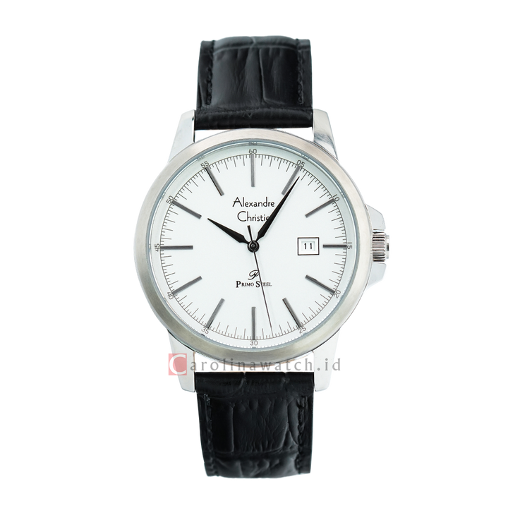 Jam Tangan Alexandre Christie Primo Steel AC 1008 MDLSSSL Men White Dial Black Leather Strap