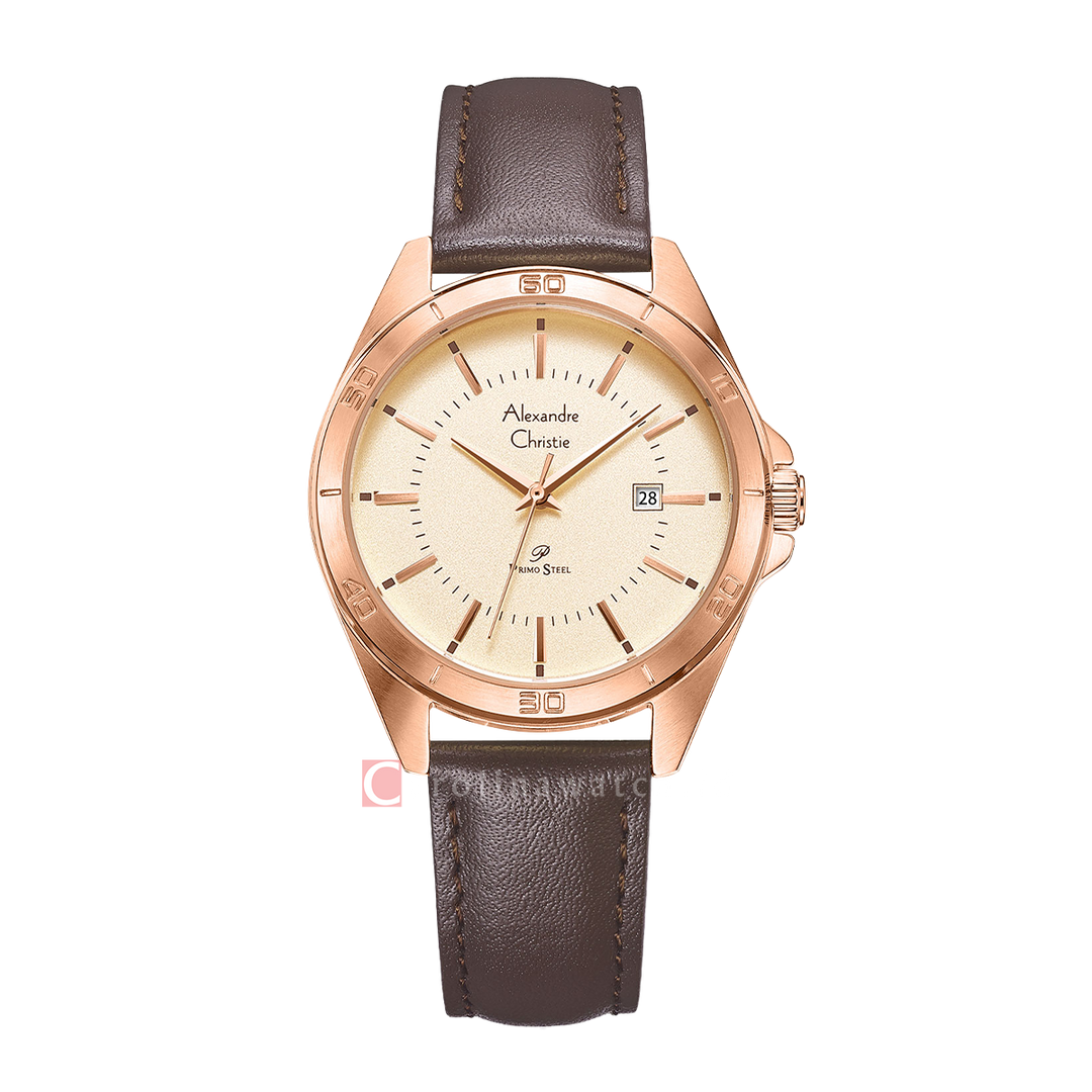 Jam Tangan Alexandre Christie Primo Steel AC 1011 LDLRGLN Women Gold Dial Brown Leather Strap