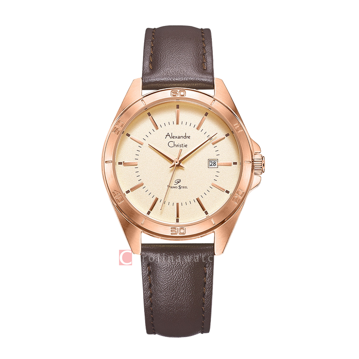 Jam Tangan Alexandre Christie Primo Steel AC 1011 LDLRGLN Women Gold Dial Brown Leather Strap