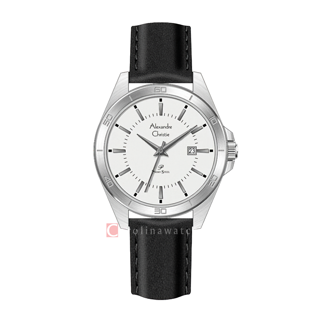 Jam Tangan Alexandre Christie Primo Steel AC 1011 LDLSSSL Women Silver Dial Black Leather Strap