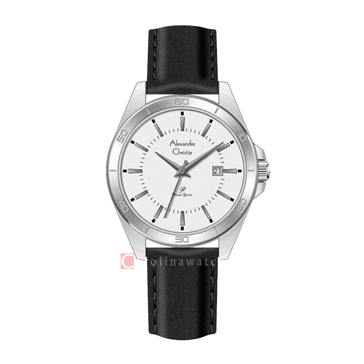 Jam Tangan Alexandre Christie Primo Steel AC 1011 LDLSSSL Women Silver Dial Black Leather Strap