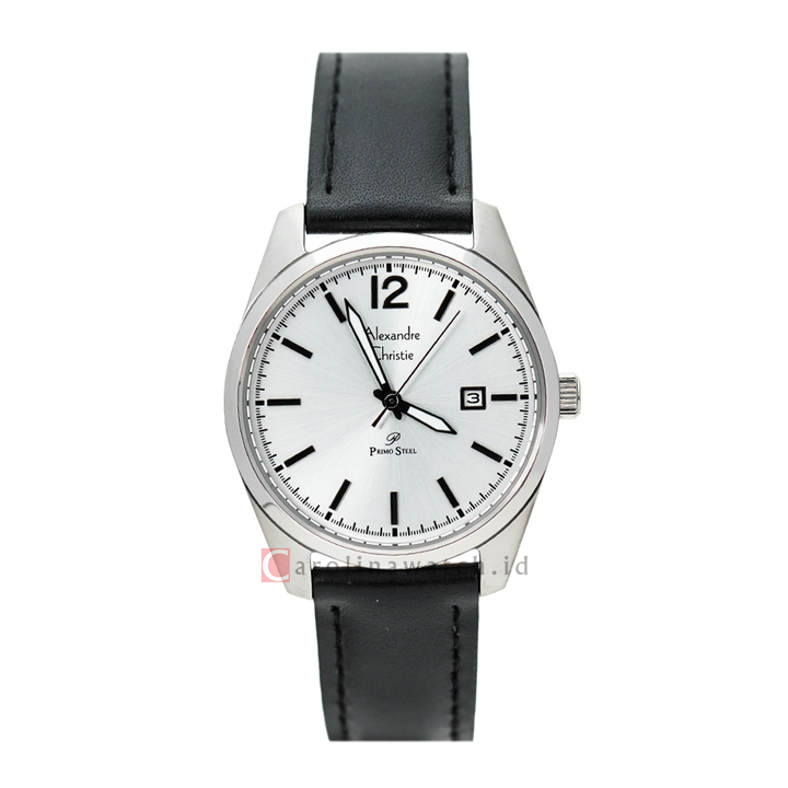 Jam Tangan Alexandre Christie Primo Steel AC 1012 LDLSSSL Women Silver Dial Black Leather Strap