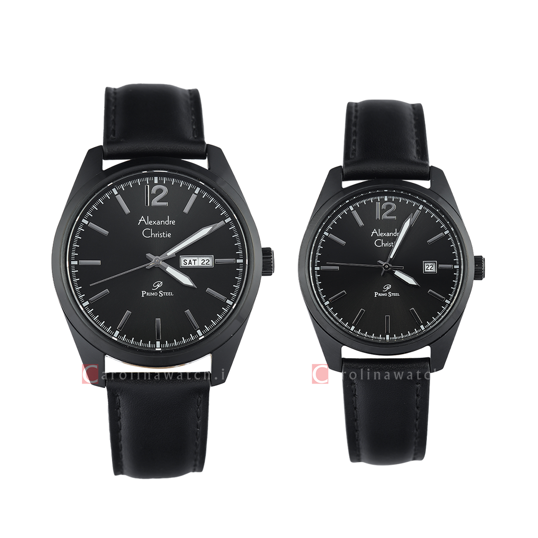 Jam Tangan Couple Alexandre Christie Primo Steel AC 1012 ME/LDLIPBA Black Dial Black Leather Strap