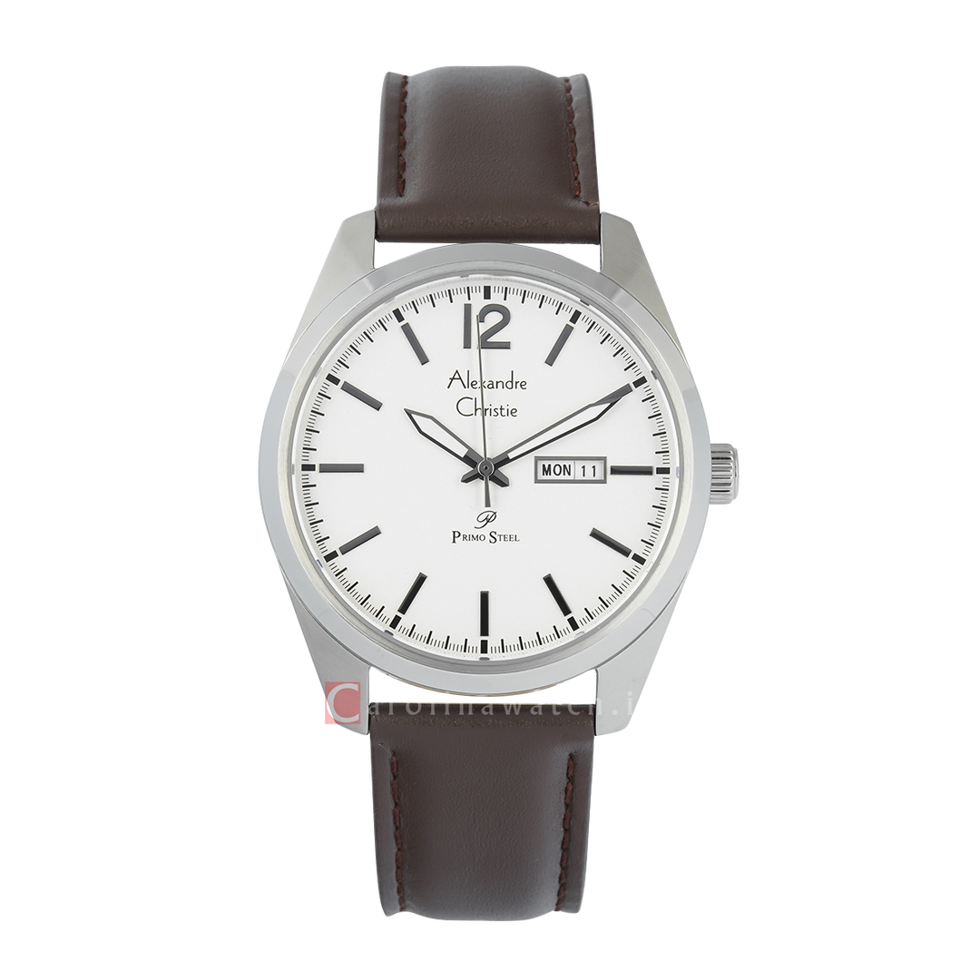 Jam Tangan Alexandre Christie Primo Steel AC 1012 MELSSSLBO Men Silver Dial Brown Leather Strap