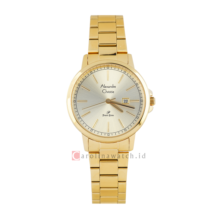 Jam Tangan Alexandre Christie Primo Steel AC 1014 LDBGPIV Women Gold Dial Gold Stainless Steel Strap