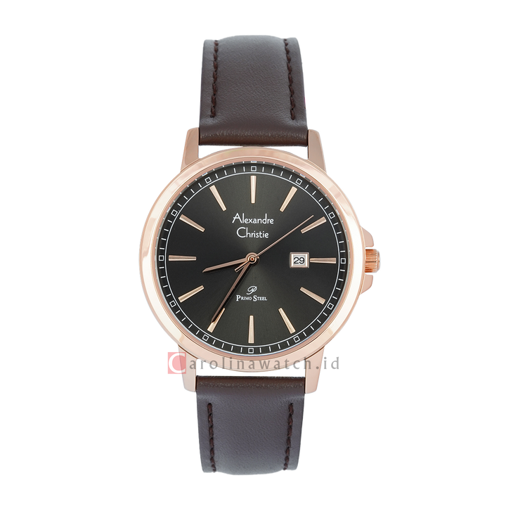 Jam Tangan Alexandre Christie Primo Steel AC 1014 LDLRGDG Women Black Dial Brown Leather Strap