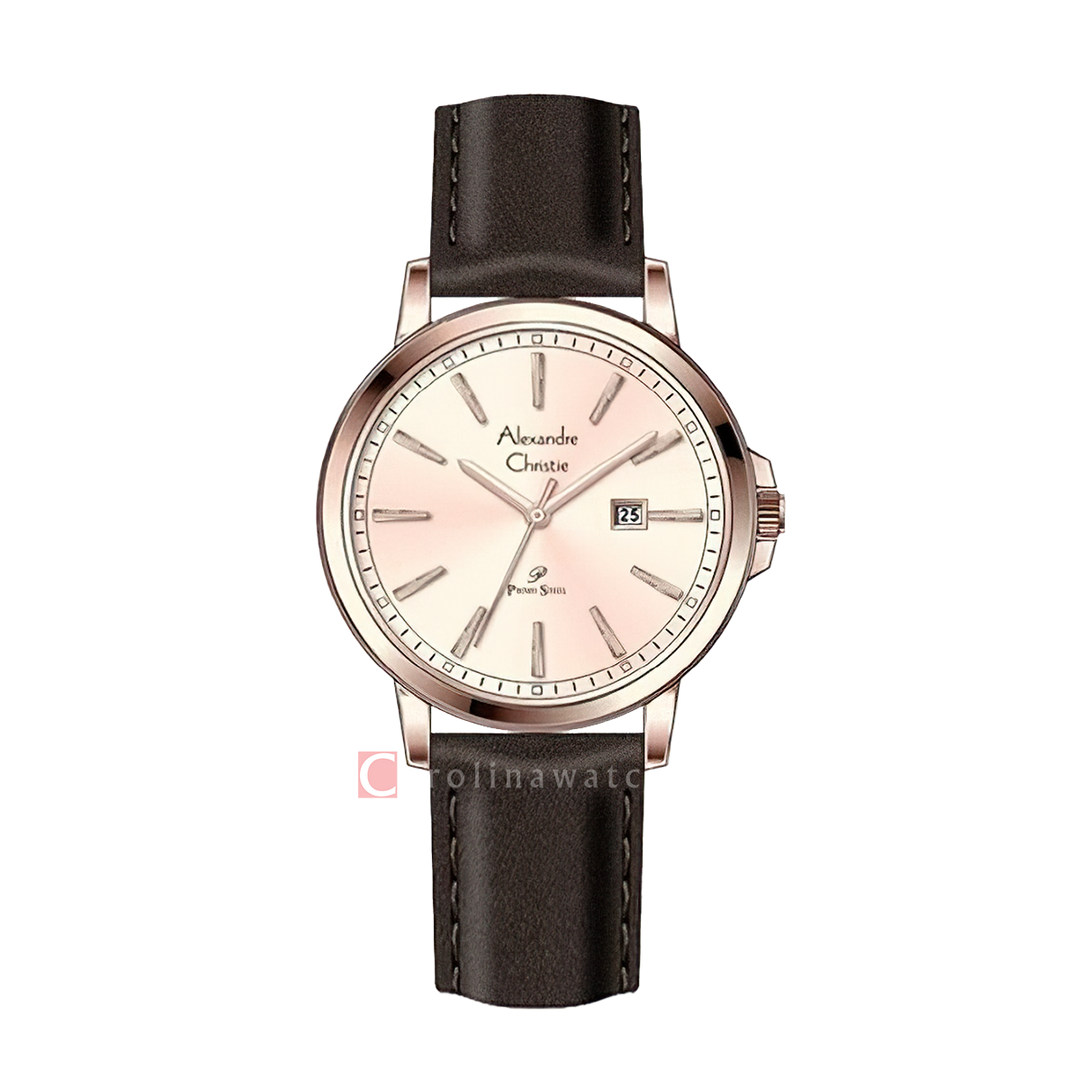 Jam Tangan Alexandre Christie Primo Steel AC 1014 LDLRGLN Women Rose Gold Dial Brown Leather Strap