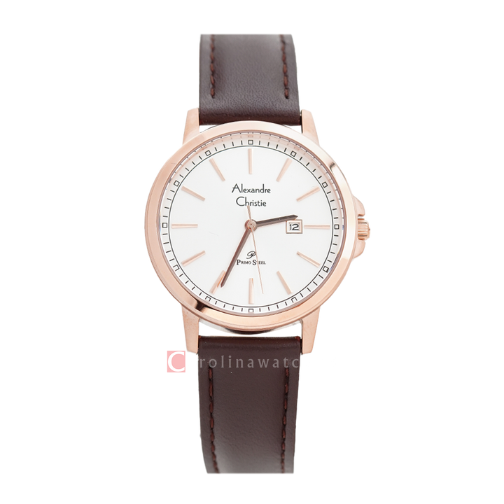 Jam Tangan Alexandre Christie Primo Steel AC 1014 LDLRGSL Women Silver Dial Dark Brown Leather Strap