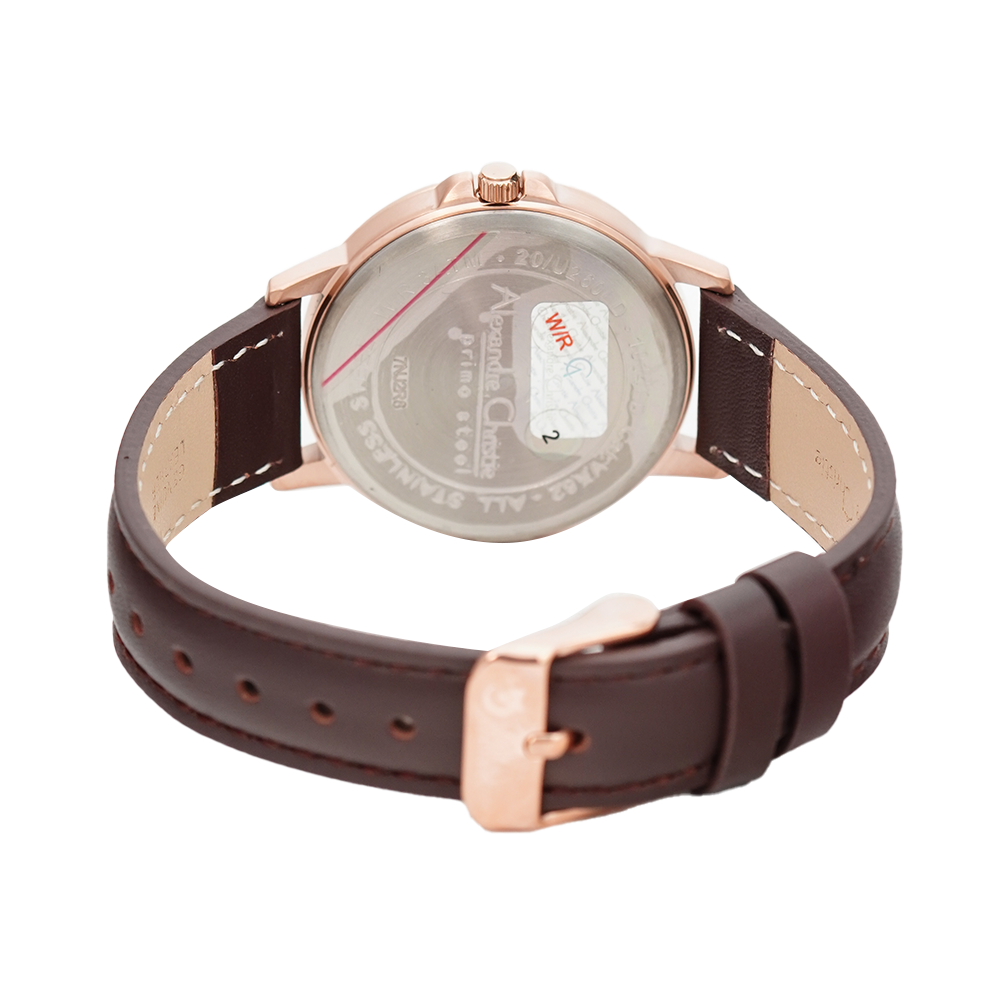 Jam Tangan Alexandre Christie Primo Steel AC 1014 LDLRGSL Women Silver Dial Dark Brown Leather Strap