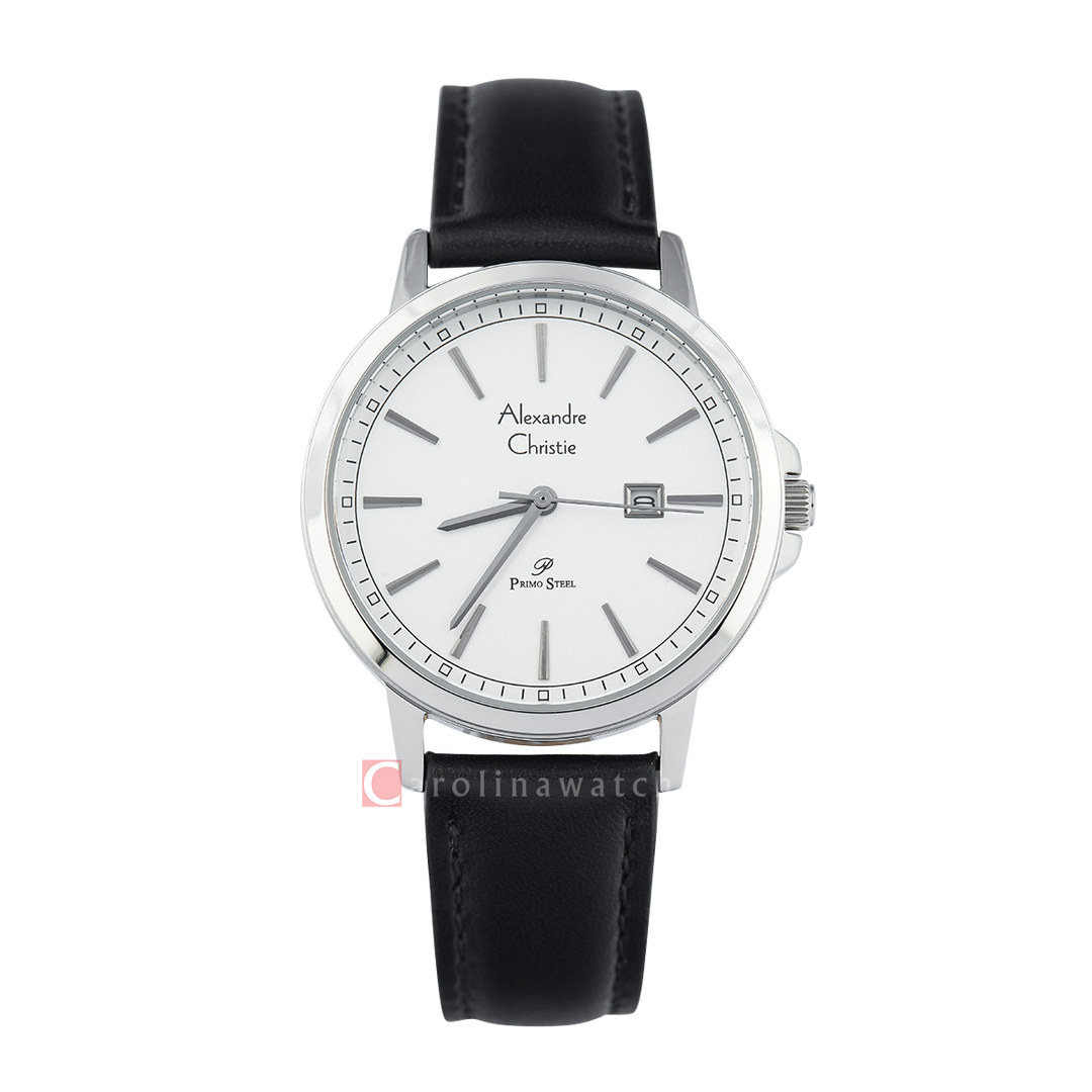 Jam Tangan Alexandre Christie Primo Steel AC 1014 LDLSSSL Women Silver Dial Black Leather Strap