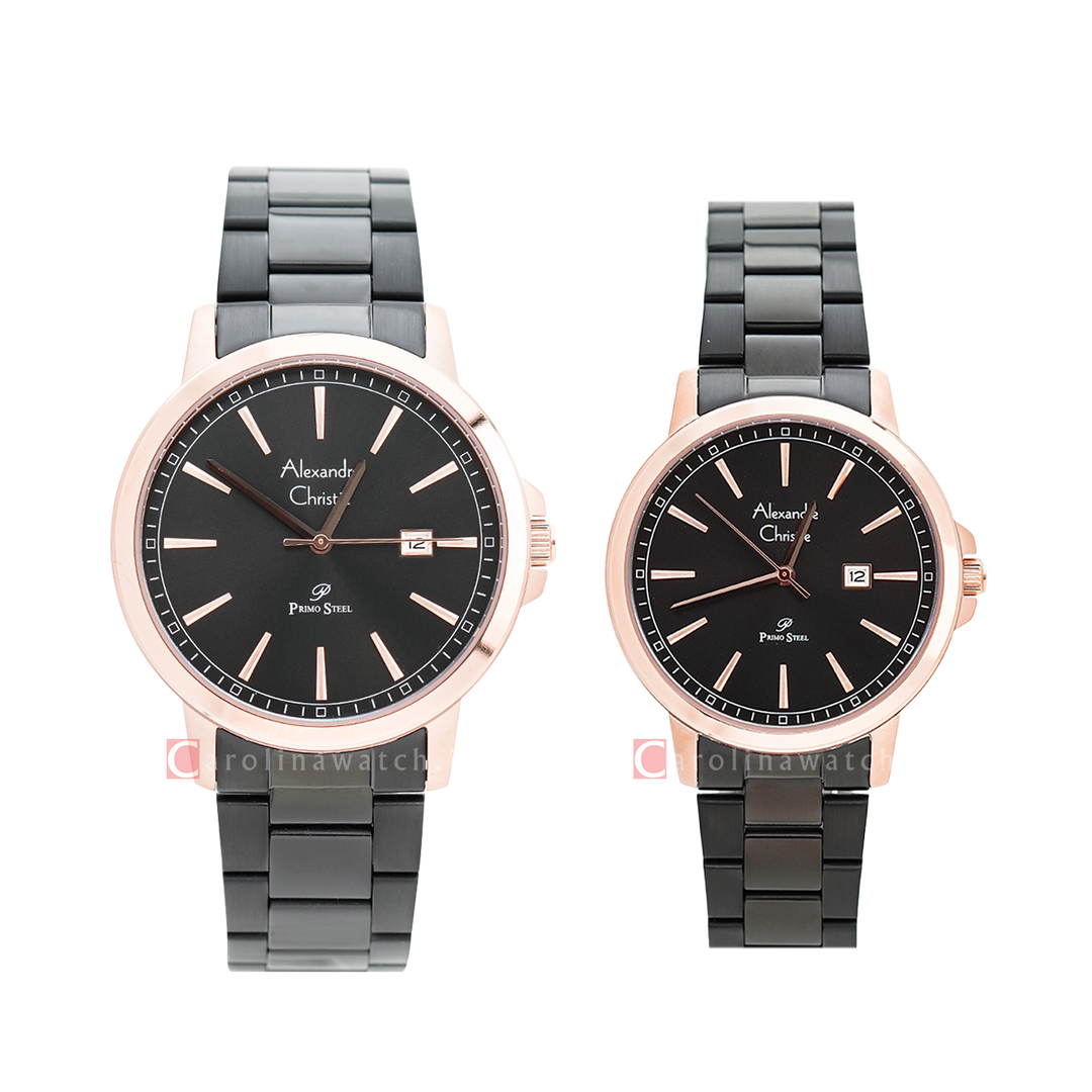 Jam Tangan Couple Alexandre Christie Primo Steel AC 1014 M/LDBBRDG Black Dial Black Stainless Steel Strap