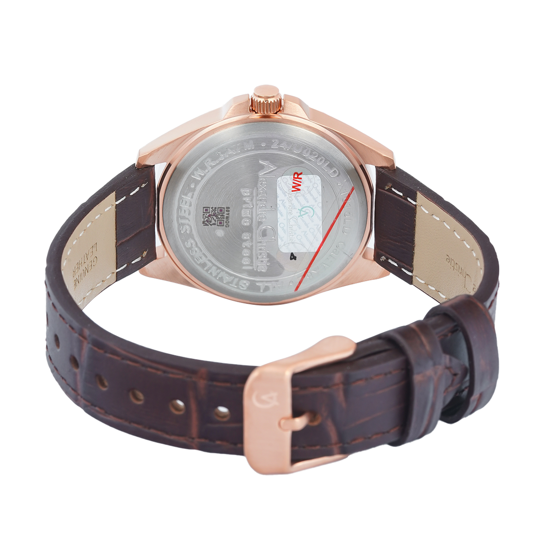 Jam Tangan Alexandre Christie Primo Steel AC 1015 LDLRGLN Women Rose Gold Dial Brown Leather Strap