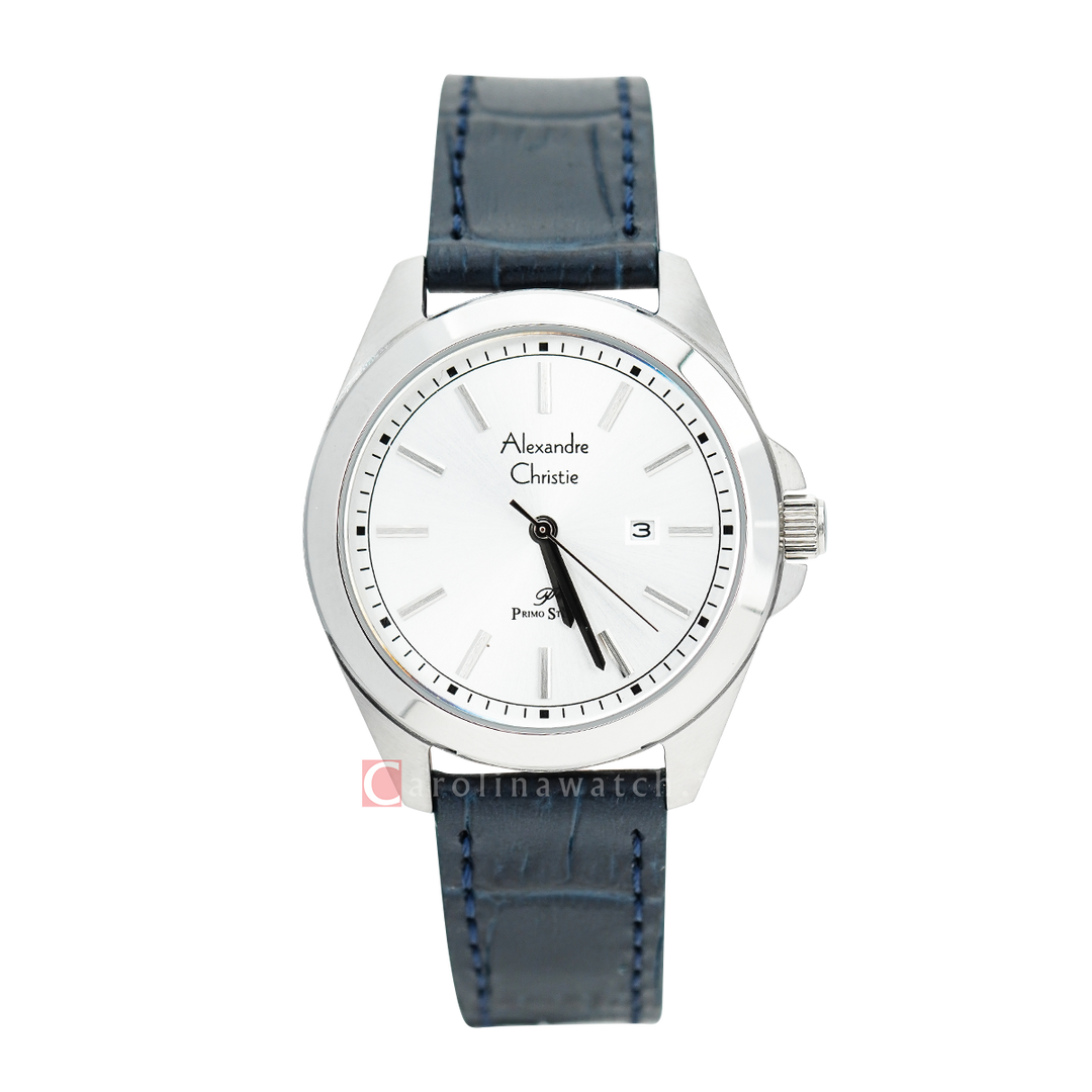 Jam Tangan Alexandre Christie Primo Steel AC 1015 LDLSSSL Women White Dial Black Leather Strap