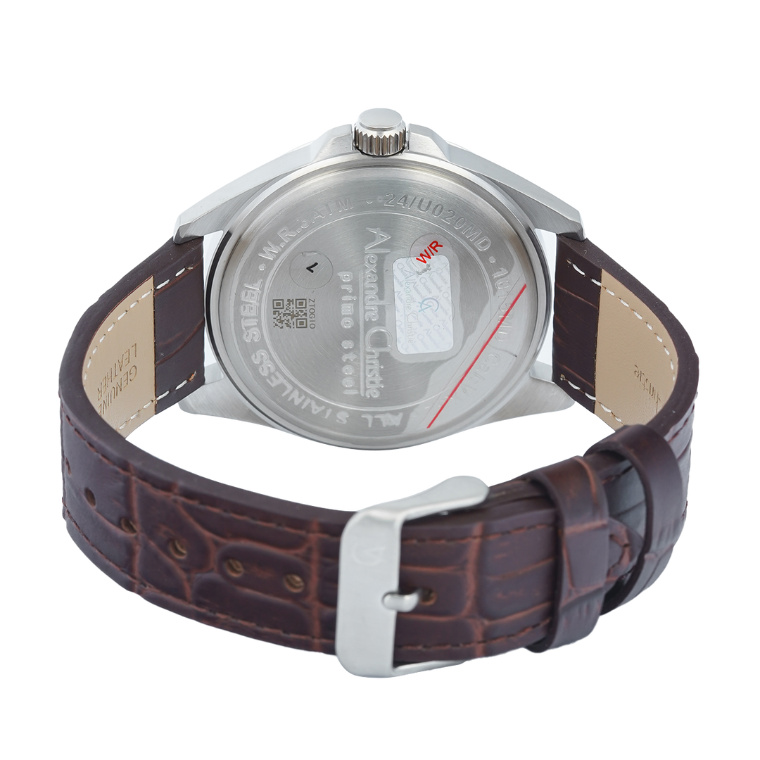 Jam Tangan Alexandre Christie Primo Steel AC 1015 MDLSSSLBO Men Silver Dial Brown Leather Strap