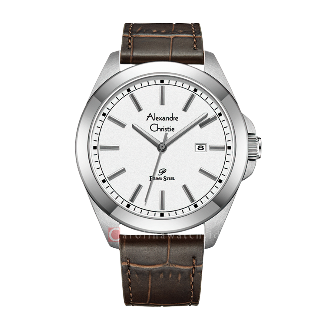 Jam Tangan Alexandre Christie Primo Steel AC 1015 MDLSSSLBO Men Silver Dial Brown Leather Strap