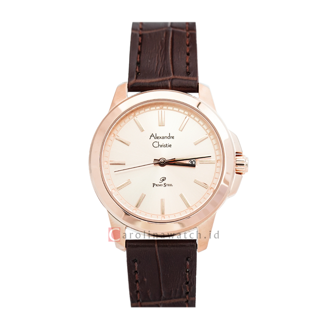 Jam Tangan Alexandre Christie Primo Steel AC 1017 LDLRGLN Women Rose Gold Dial Brown Leather Strap