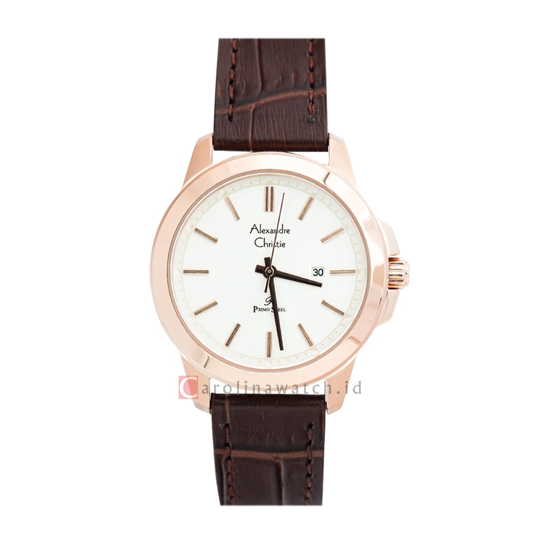 Jam Tangan Alexandre Christie Primo Steel AC 1017 LDLRGSL Women Silver Dial Brown Leather Strap