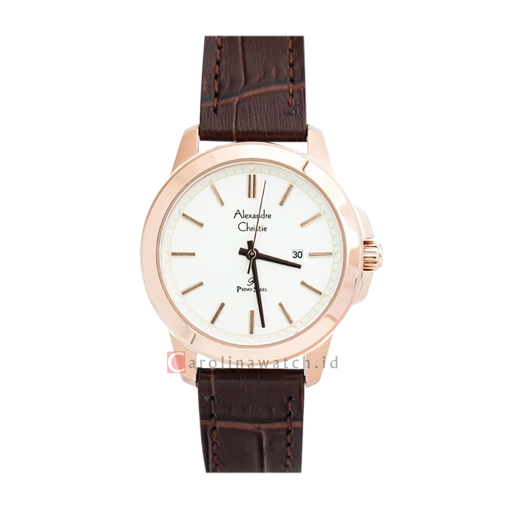 Jam Tangan Alexandre Christie Primo Steel AC 1017 LDLRGSL Women Silver Dial Brown Leather Strap