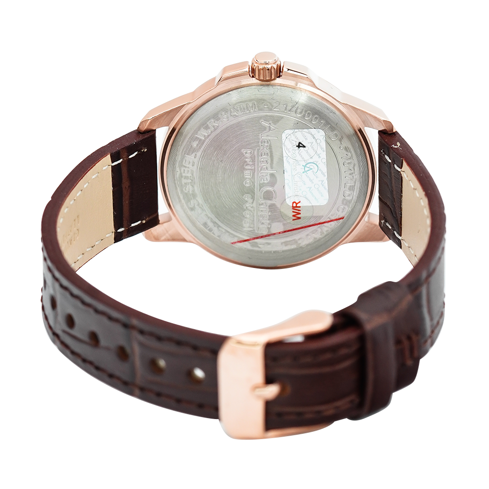 Jam Tangan Alexandre Christie Primo Steel AC 1017 LDLRGSL Women Silver Dial Brown Leather Strap