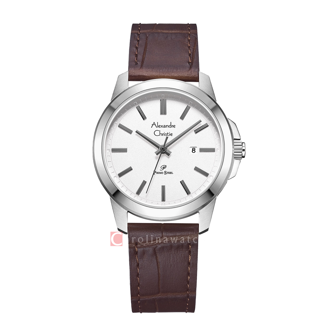 Jam Tangan Alexandre Christie Primo Steel AC 1017 LDLSSSLBO Women Silver Dial Brown Leather Strap