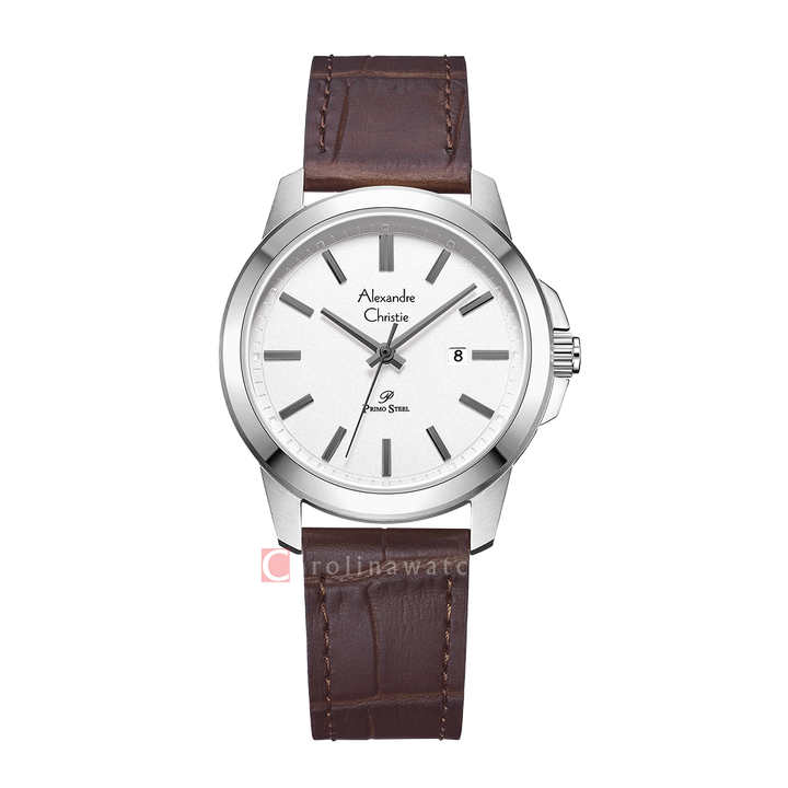 Jam Tangan Alexandre Christie Primo Steel AC 1017 LDLSSSLBO Women Silver Dial Brown Leather Strap