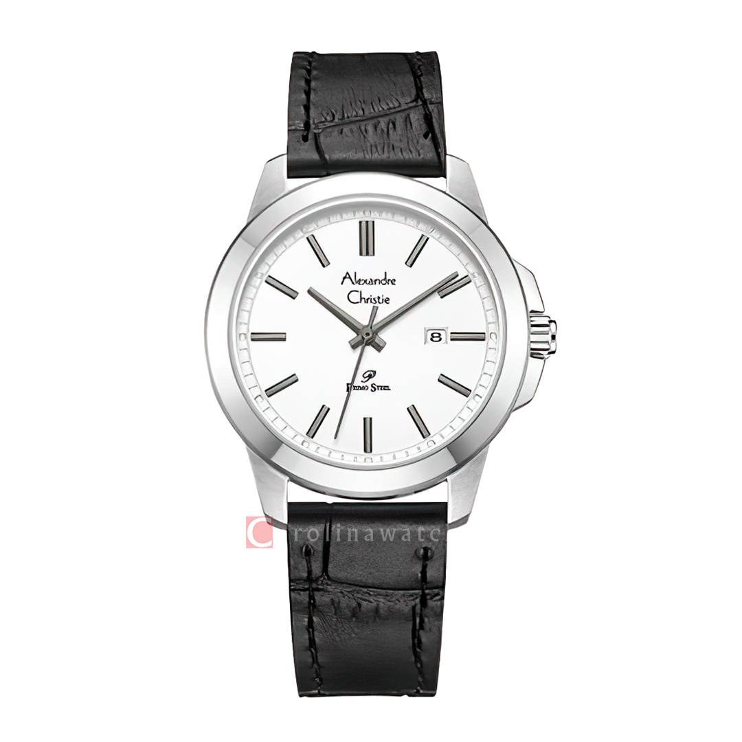 Jam Tangan Alexandre Christie Primo Steel AC 1017 LDLSSSL Women White Dial Black Leather Strap