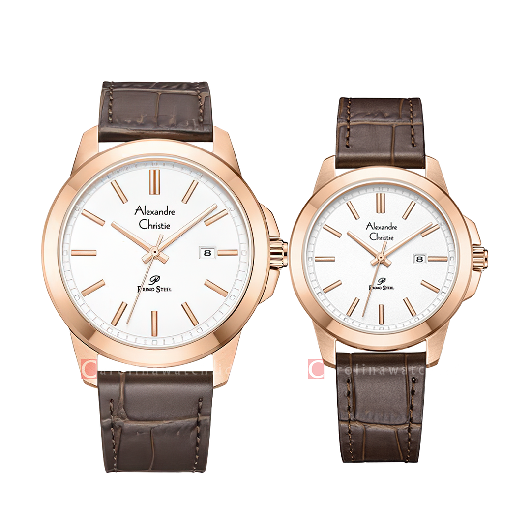 Jam Tangan Couple Alexandre Christie Primo Steel AC 1017 M/LDLRGSL Silver White Dial Brown Leather Strap