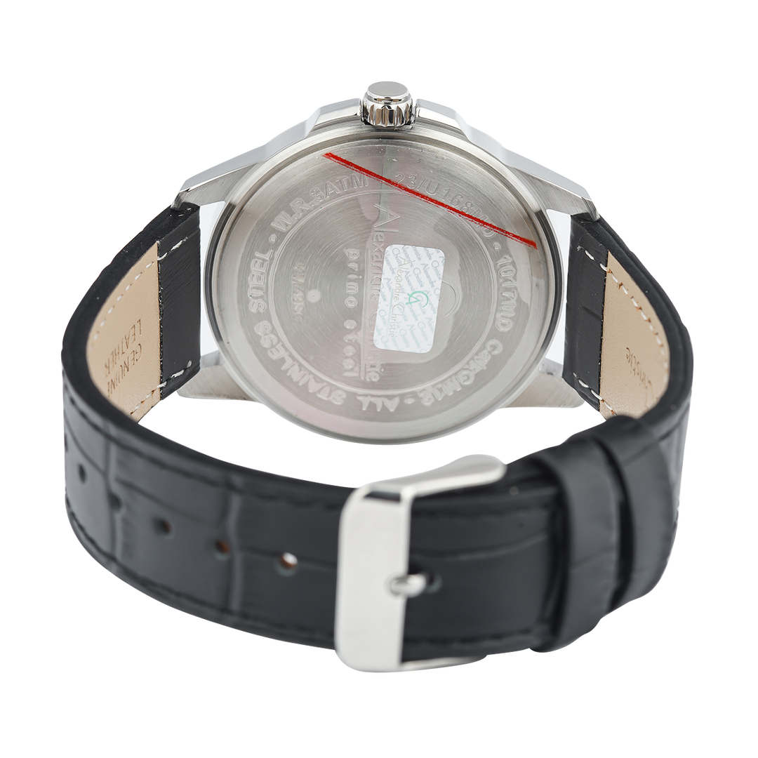 Jam Tangan Alexandre Christie Primo Steel AC 1017 MDLSSSL Men Silver Dial Black Leather Strap