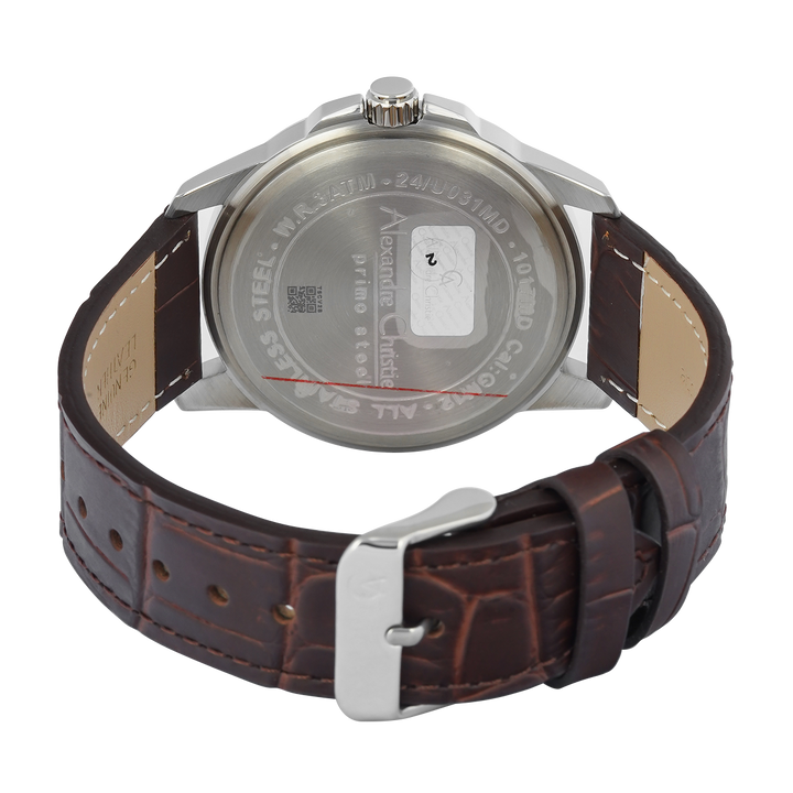 Jam Tangan Alexandre Christie Primo Steel AC 1017 MDLSSSLBO Men Silver Dial Brown Leather Strap