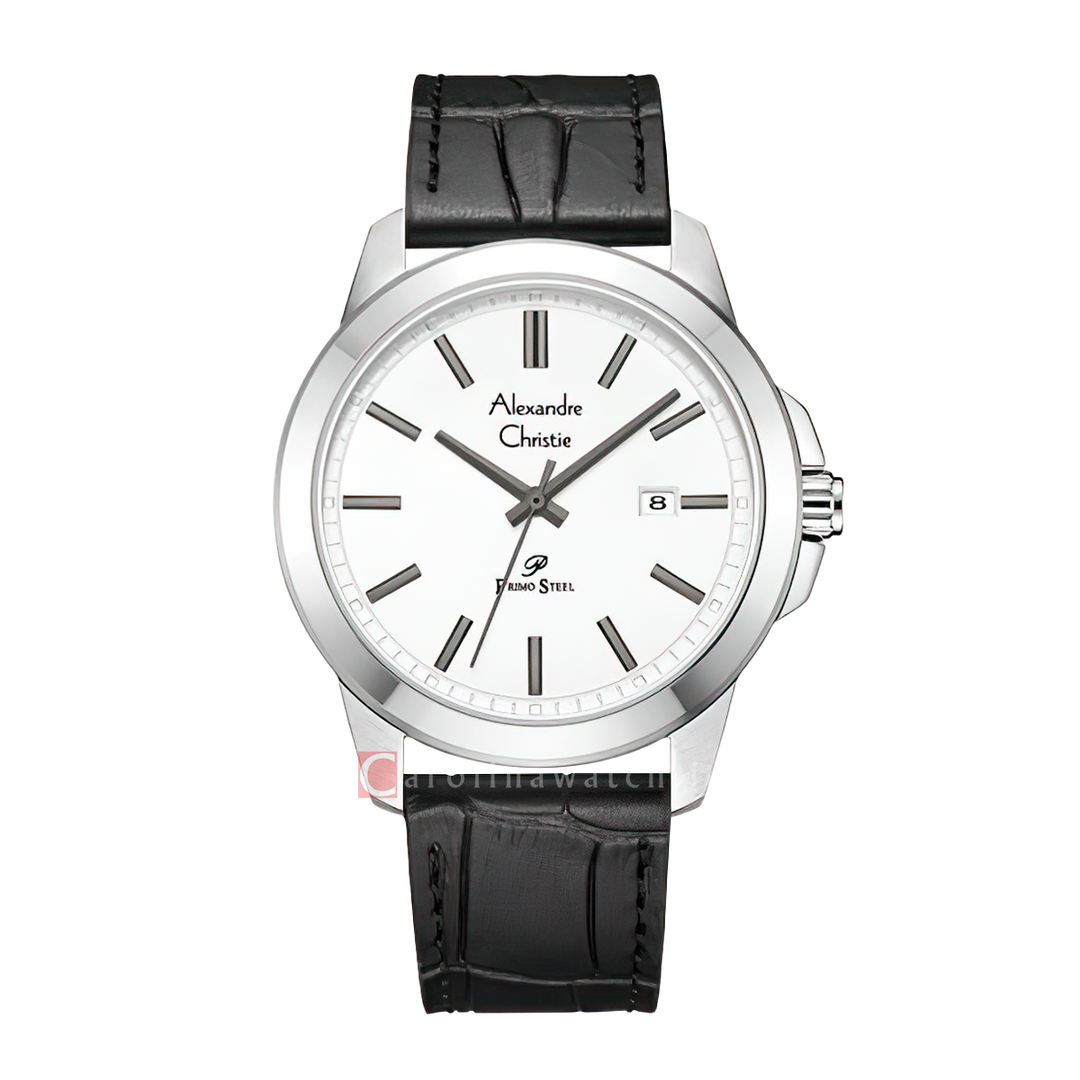 Jam Tangan Alexandre Christie Primo Steel AC 1017 MDLSSSL Men Silver Dial Black Leather Strap