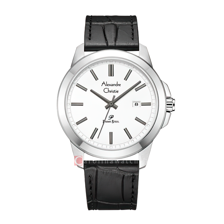 Jam Tangan Alexandre Christie Primo Steel AC 1017 MDLSSSL Men Silver Dial Black Leather Strap