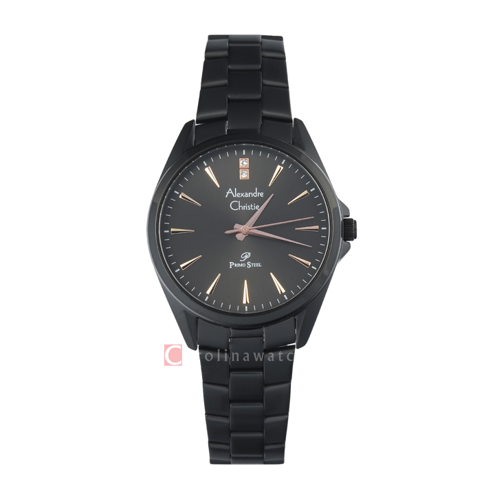 Jam Tangan Alexandre Christie Primo Steel AC 1018 LHBIPBARG Women Black Dial Black Stainless Steel Strap