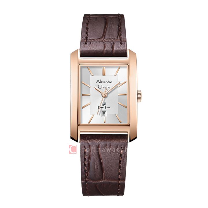 Jam Tangan Alexandre Christie Primo Steel AC 1019 LDLRGSL Women Silver Dial Brown Leather Strap