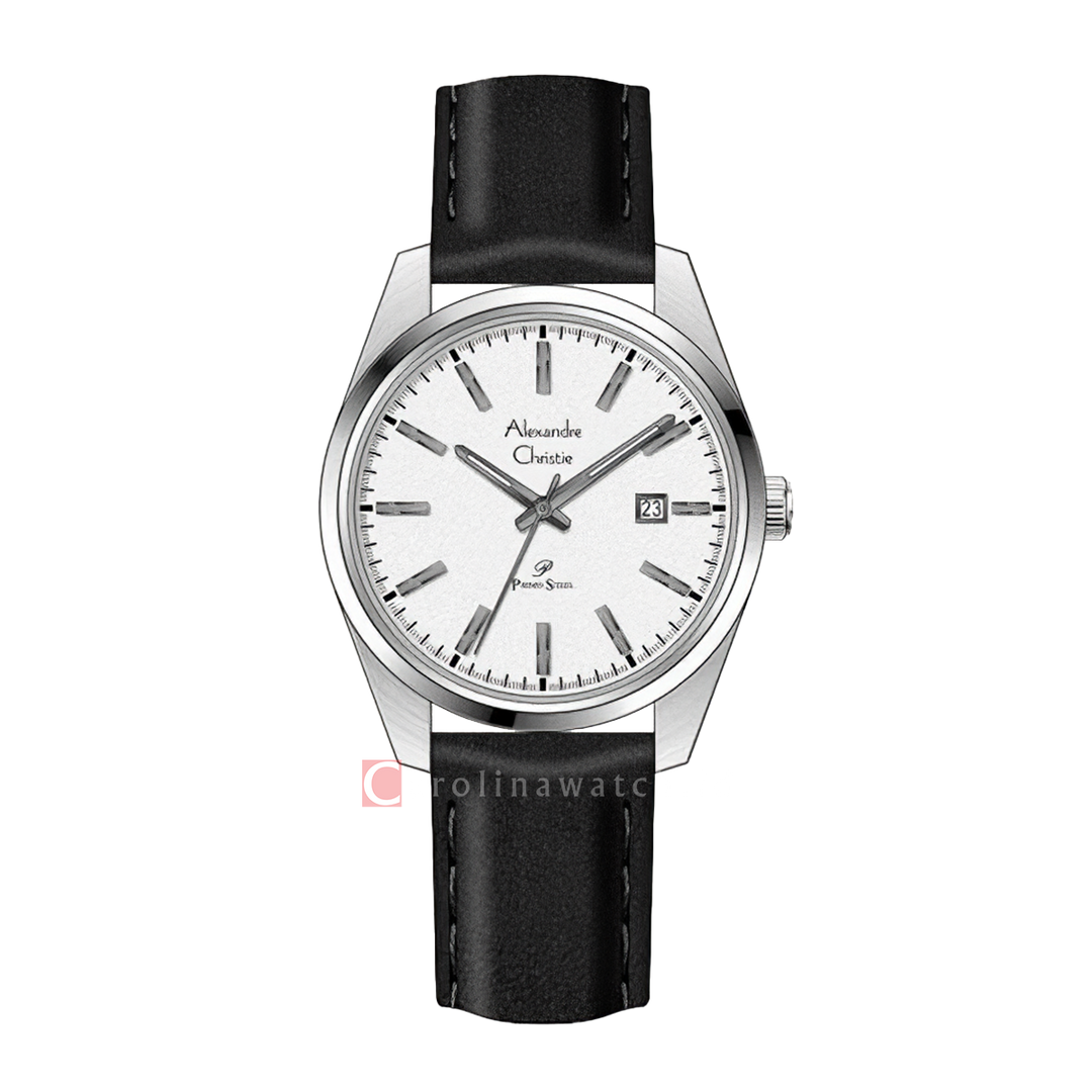 Jam Tangan Alexandre Christie Primo Steel AC 1025 LDLSSSL Women White Dial Black Leather Strap