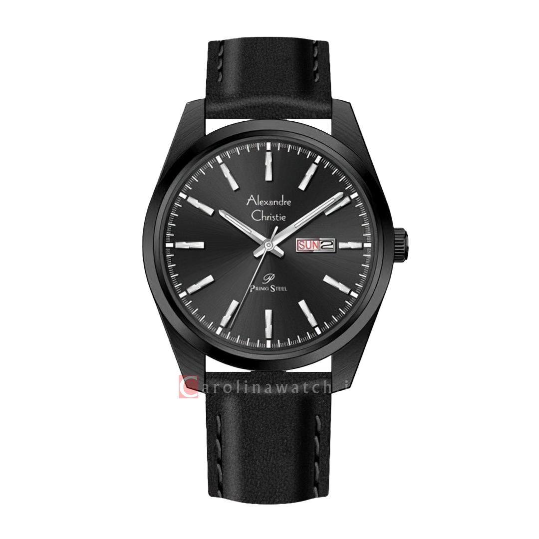 Jam Tangan Alexandre Christie Primo Steel AC 1025 MELIPBA Men Black Dial Black Leather Strap