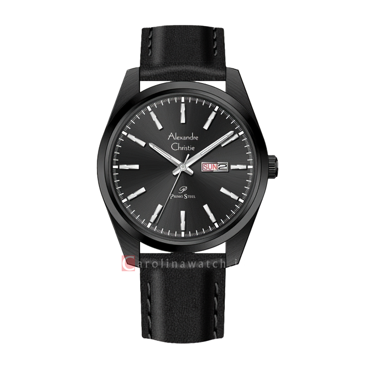 Jam Tangan Alexandre Christie Primo Steel AC 1025 MELIPBA Men Black Dial Black Leather Strap