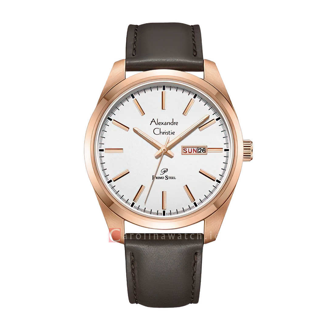 Jam Tangan Alexandre Christie Primo Steel AC 1025 MELRGSLBO Men Silver White Dial Brown Leather Strap