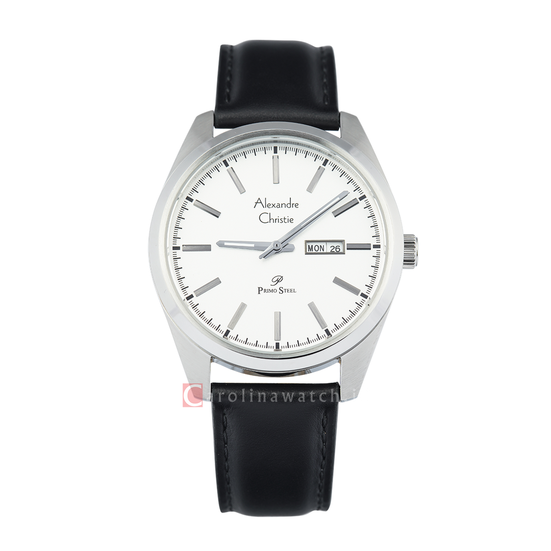 Jam Tangan Alexandre Christie Primo Steel AC 1025 MELSSSL Men Silver White Dial Black Leather Strap