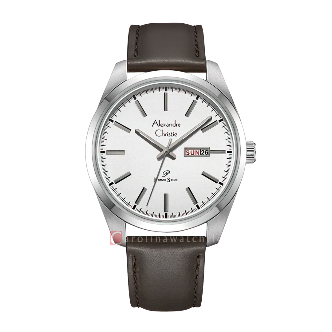 Jam Tangan Alexandre Christie Primo Steel AC 1025 MELSSSLBO Men White Dial Brown Leather Strap