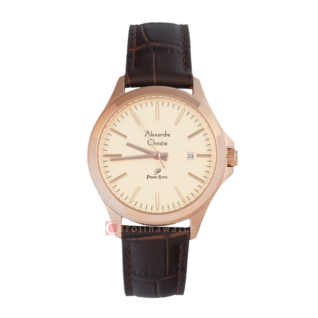 Jam Tangan Alexandre Christie Primo Steel AC 1026 LDLRGLN Women Rose Gold Dial Brown Leather Strap